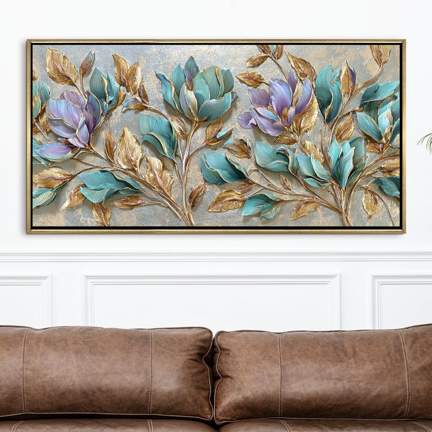 Teal Petals & Gold Leaves Wall Art ¨C Golden Floater Frame, HD Canvas Print, Ready to Hang, Size: 2x4 feet (FLBWA75)