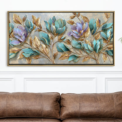 Teal Petals & Gold Leaves Wall Art ¨C Golden Floater Frame, HD Canvas Print, Ready to Hang, Size: 2x4 feet (FLBWA75)