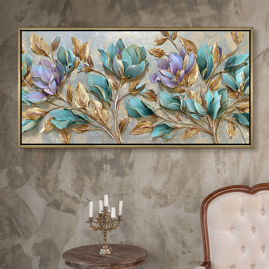 Teal Petals & Gold Leaves Wall Art ¨C Golden Floater Frame, HD Canvas Print, Ready to Hang, Size: 2x4 feet (FLBWA75)