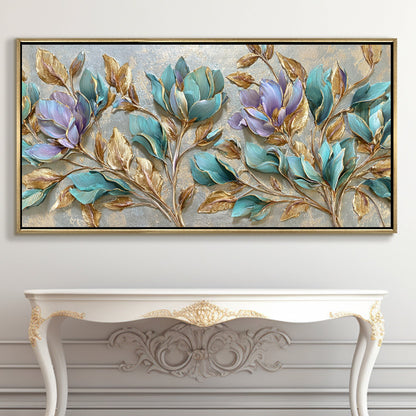 Teal Petals & Gold Leaves Wall Art ¨C Golden Floater Frame, HD Canvas Print, Ready to Hang, Size: 2x4 feet (FLBWA75)