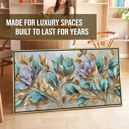 Teal Petals & Gold Leaves Wall Art ¨C Golden Floater Frame, HD Canvas Print, Ready to Hang, Size: 2x4 feet (FLBWA75)