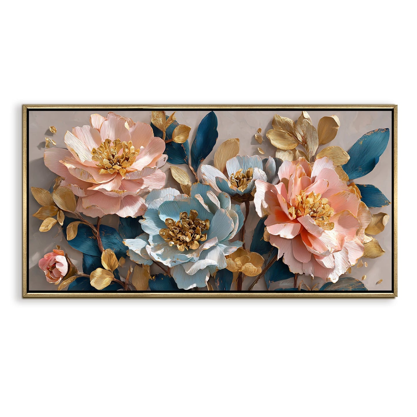 Blush Lotus Bloom ¨C Luxury Floral Wall Art ¨C Golden Floater Frame, HD Canvas Print, Ready to Hang, Size: 2x4 feet (FLBWA76)