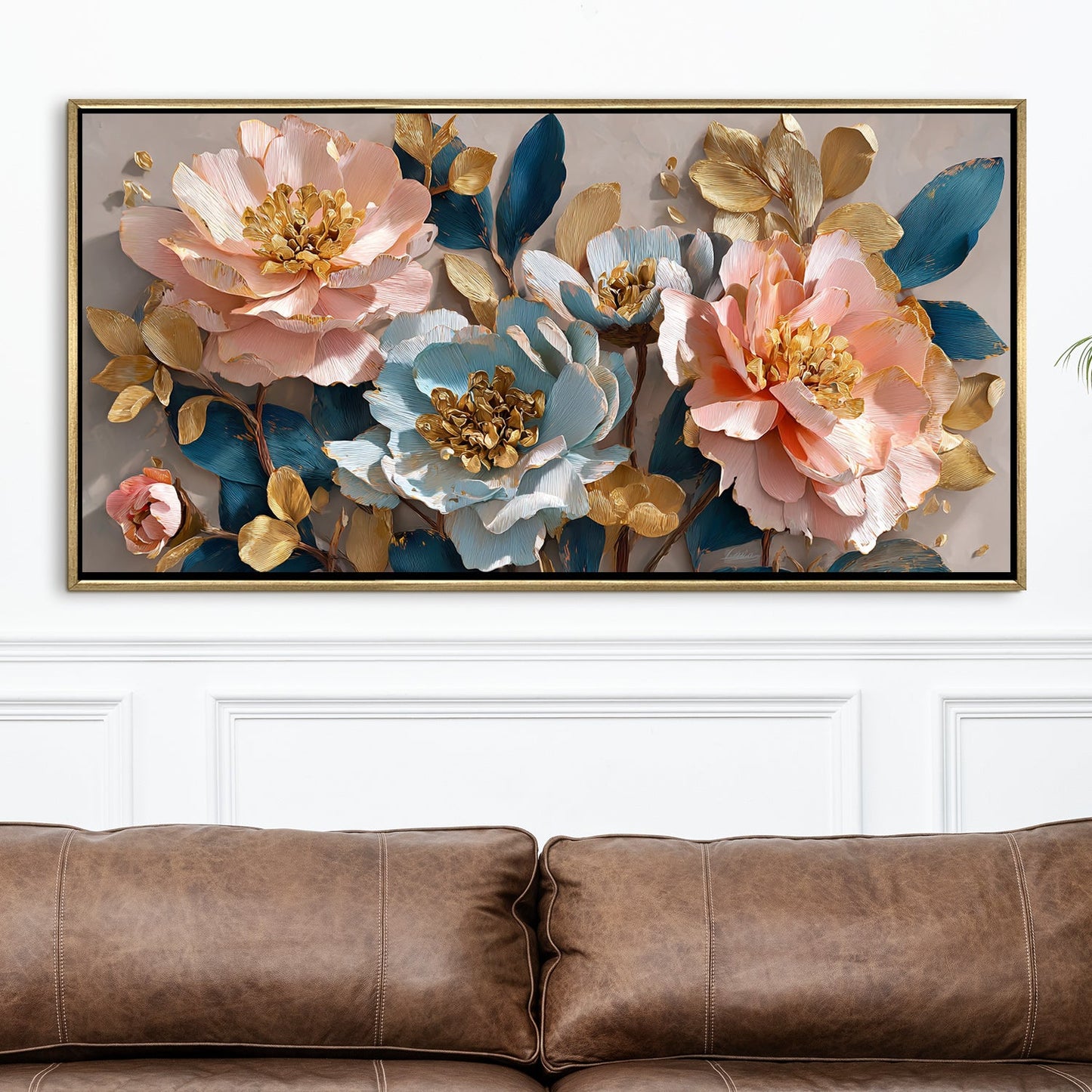 Blush Lotus Bloom ¨C Luxury Floral Wall Art ¨C Golden Floater Frame, HD Canvas Print, Ready to Hang, Size: 2x4 feet (FLBWA76)