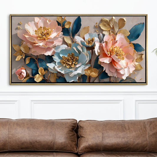 Blush Lotus Bloom ¨C Luxury Floral Wall Art ¨C Golden Floater Frame, HD Canvas Print, Ready to Hang, Size: 2x4 feet (FLBWA76)