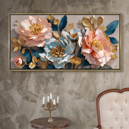 Blush Lotus Bloom ¨C Luxury Floral Wall Art ¨C Golden Floater Frame, HD Canvas Print, Ready to Hang, Size: 2x4 feet (FLBWA76)