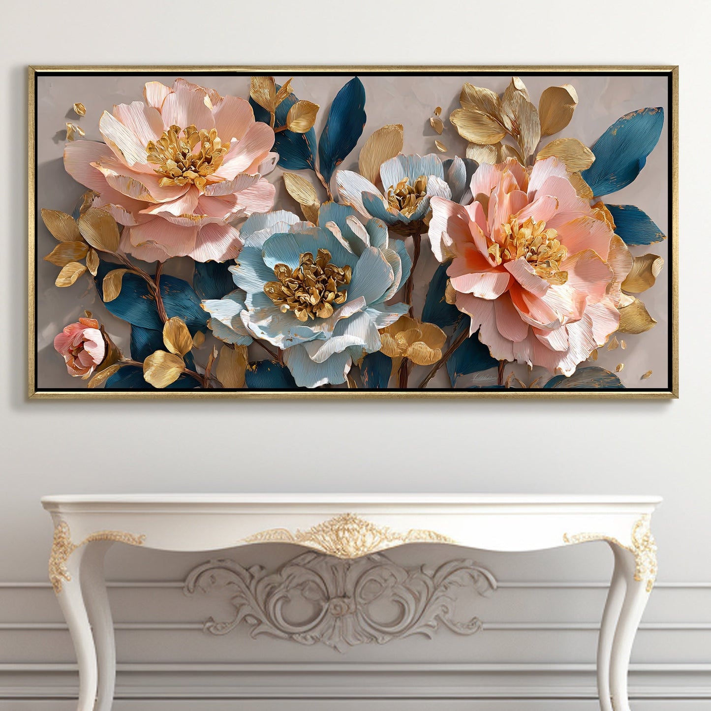 Blush Lotus Bloom ¨C Luxury Floral Wall Art ¨C Golden Floater Frame, HD Canvas Print, Ready to Hang, Size: 2x4 feet (FLBWA76)