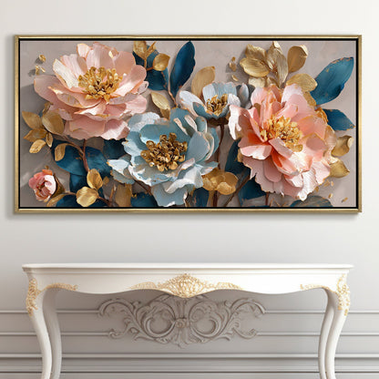 Blush Lotus Bloom ¨C Luxury Floral Wall Art ¨C Golden Floater Frame, HD Canvas Print, Ready to Hang, Size: 2x4 feet (FLBWA76)