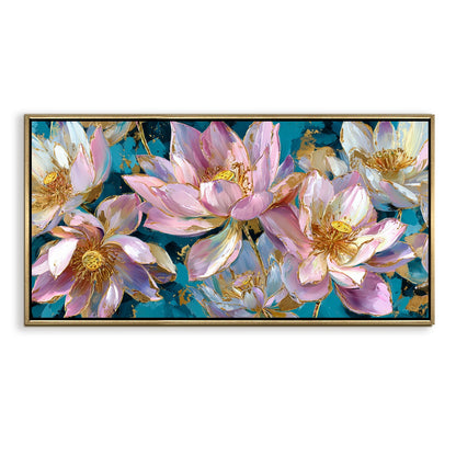 Golden Lotus Garden¨C Luxury Floral Wall Art ¨C Golden Floater Frame, HD Canvas Print, Ready to Hang, Size: 2x4 feet (FLBWA77)