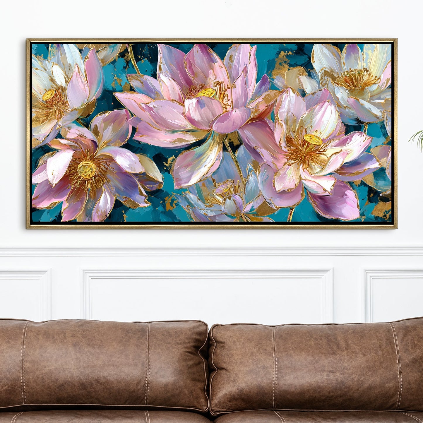 Golden Lotus Garden¨C Luxury Floral Wall Art ¨C Golden Floater Frame, HD Canvas Print, Ready to Hang, Size: 2x4 feet (FLBWA77)