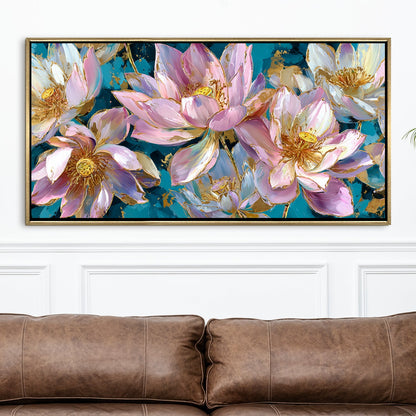 Golden Lotus Garden¨C Luxury Floral Wall Art ¨C Golden Floater Frame, HD Canvas Print, Ready to Hang, Size: 2x4 feet (FLBWA77)