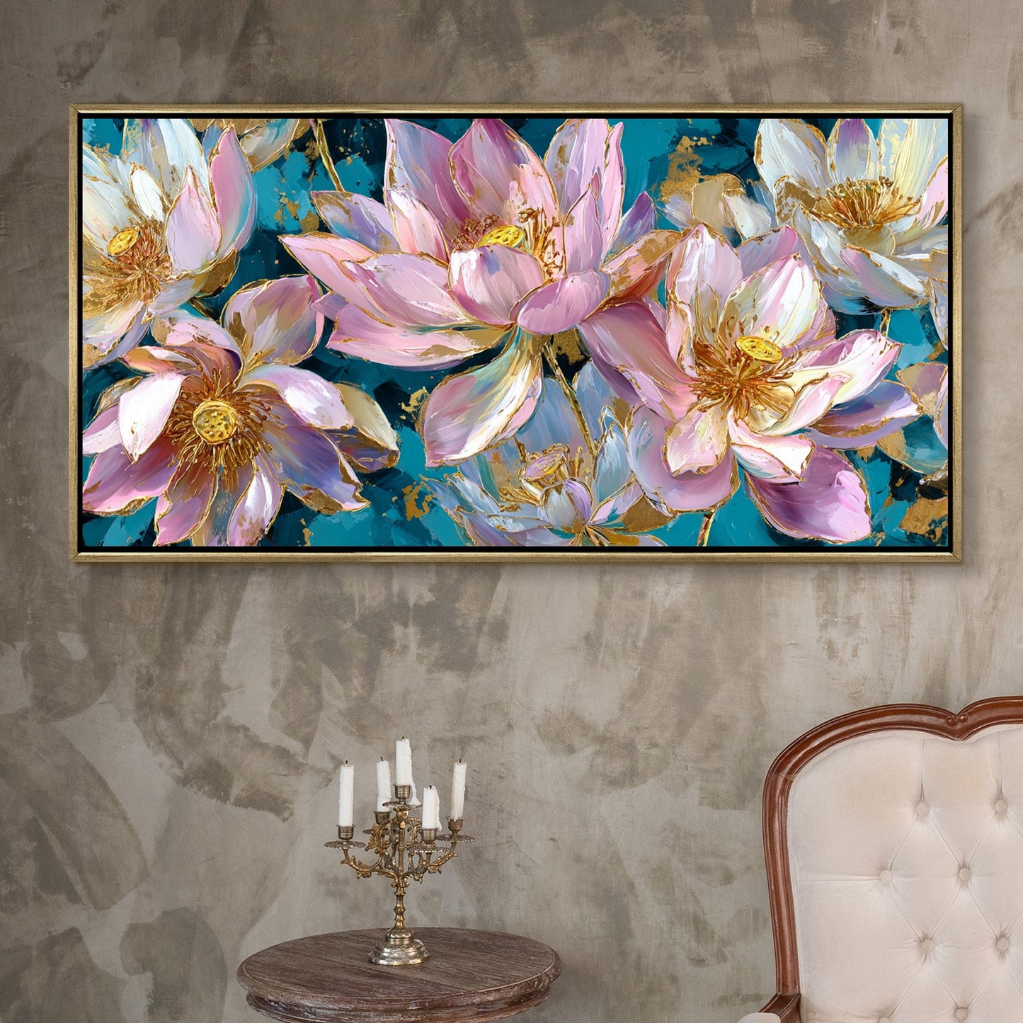 Golden Lotus Garden¨C Luxury Floral Wall Art ¨C Golden Floater Frame, HD Canvas Print, Ready to Hang, Size: 2x4 feet (FLBWA77)