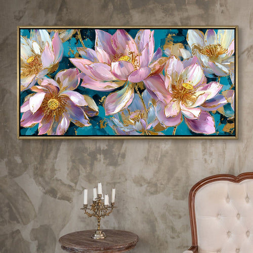 Golden Lotus Garden¨C Luxury Floral Wall Art ¨C Golden Floater Frame, HD Canvas Print, Ready to Hang, Size: 2x4 feet (FLBWA77)