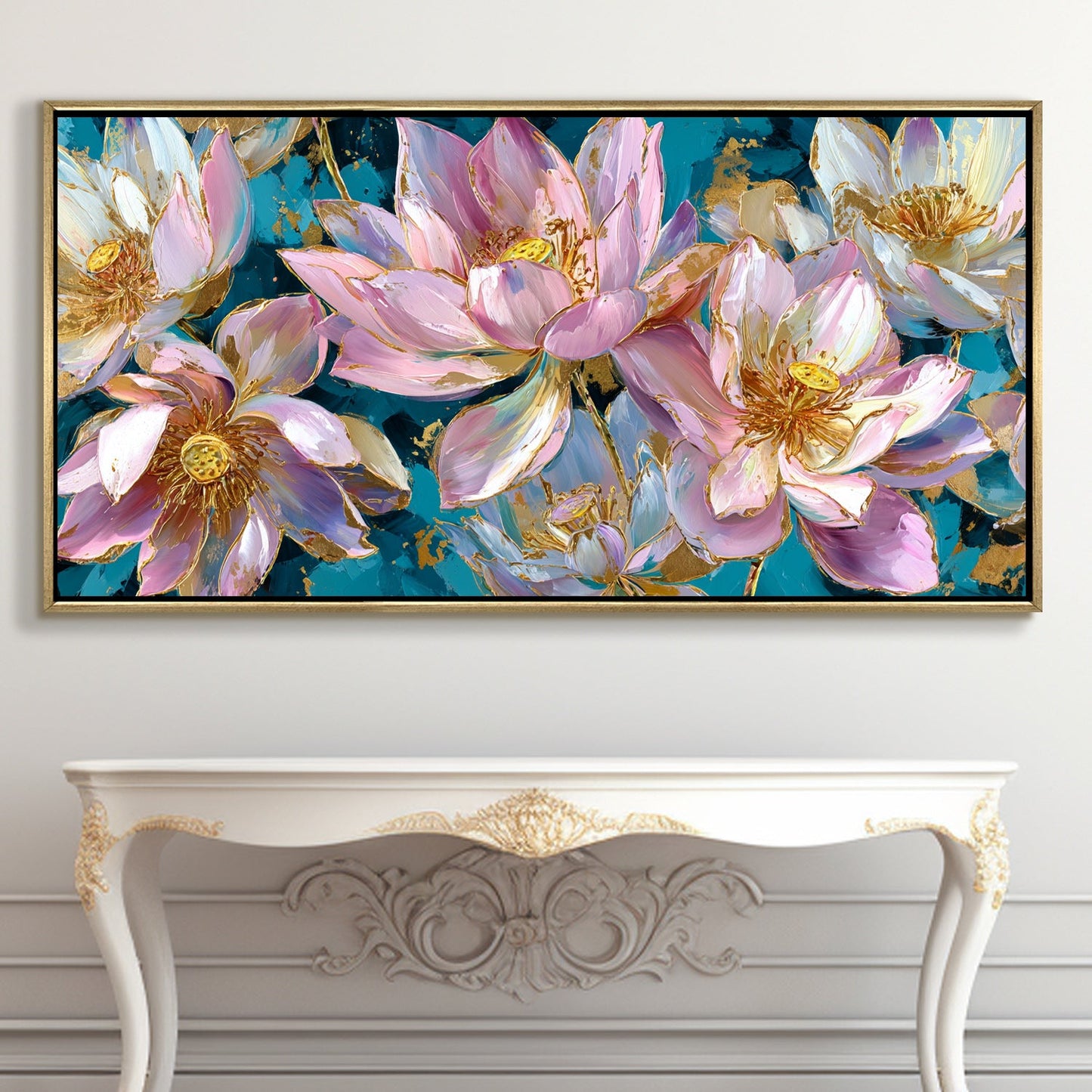 Golden Lotus Garden¨C Luxury Floral Wall Art ¨C Golden Floater Frame, HD Canvas Print, Ready to Hang, Size: 2x4 feet (FLBWA77)