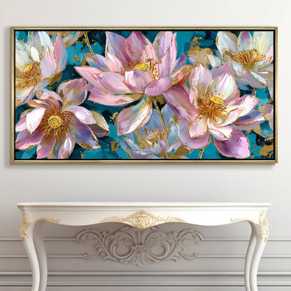 Golden Lotus Garden¨C Luxury Floral Wall Art ¨C Golden Floater Frame, HD Canvas Print, Ready to Hang, Size: 2x4 feet (FLBWA77)