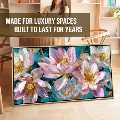 Golden Lotus Garden¨C Luxury Floral Wall Art ¨C Golden Floater Frame, HD Canvas Print, Ready to Hang, Size: 2x4 feet (FLBWA77)