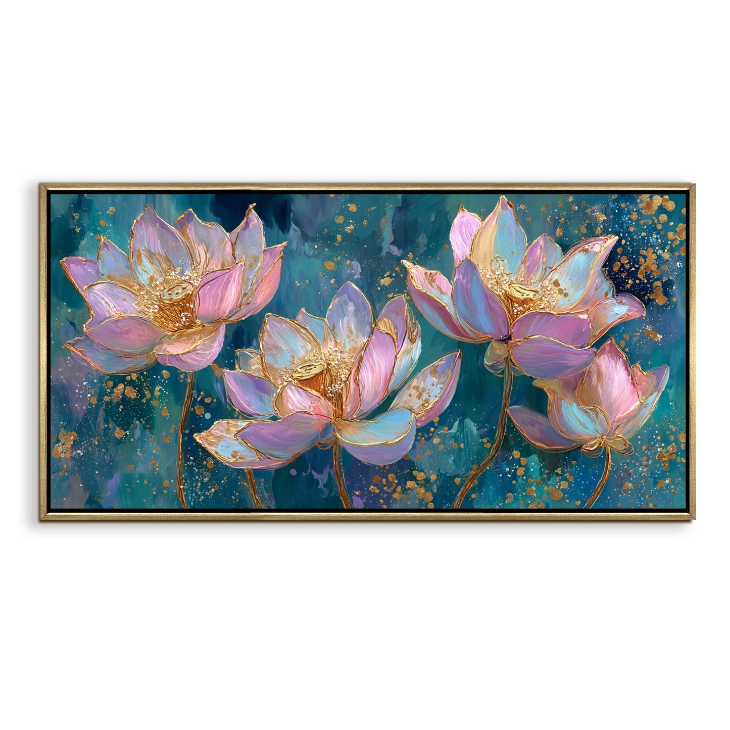 Blush Lotus Elegance ¨C Luxury Floral Wall Art ¨C Golden Floater Frame, HD Canvas Print, Ready to Hang, Size: 2x4 feet (FLBWA78)
