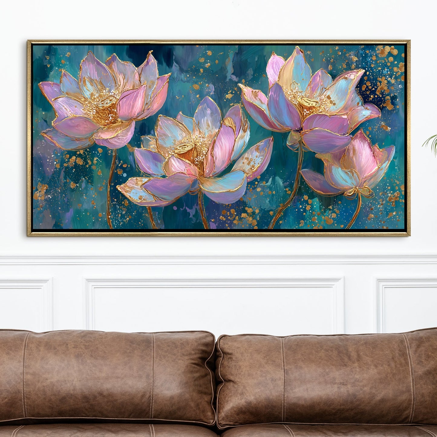 Blush Lotus Elegance ¨C Luxury Floral Wall Art ¨C Golden Floater Frame, HD Canvas Print, Ready to Hang, Size: 2x4 feet (FLBWA78)