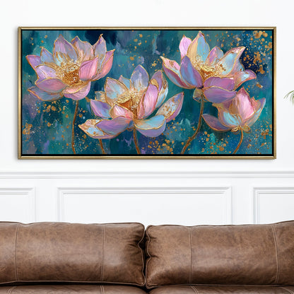 Blush Lotus Elegance ¨C Luxury Floral Wall Art ¨C Golden Floater Frame, HD Canvas Print, Ready to Hang, Size: 2x4 feet (FLBWA78)