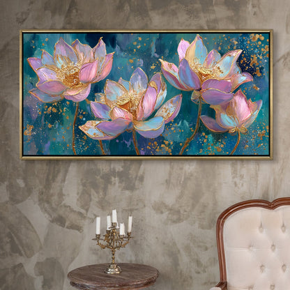 Blush Lotus Elegance ¨C Luxury Floral Wall Art ¨C Golden Floater Frame, HD Canvas Print, Ready to Hang, Size: 2x4 feet (FLBWA78)