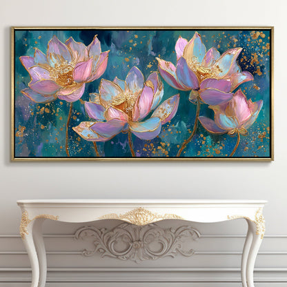 Blush Lotus Elegance ¨C Luxury Floral Wall Art ¨C Golden Floater Frame, HD Canvas Print, Ready to Hang, Size: 2x4 feet (FLBWA78)