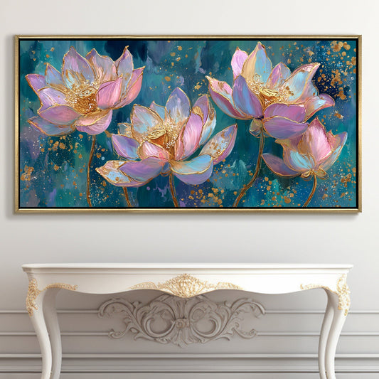 Blush Lotus Elegance ¨C Luxury Floral Wall Art ¨C Golden Floater Frame, HD Canvas Print, Ready to Hang, Size: 2x4 feet (FLBWA78)