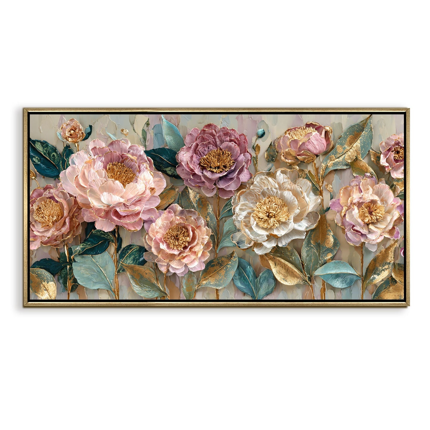 Pastel Bloom Elegance ¨C Luxury Floral Wall Art ¨C Golden Floater Frame, HD Canvas Print, Ready to Hang, Size: 2x4 feet (FLBWA79)