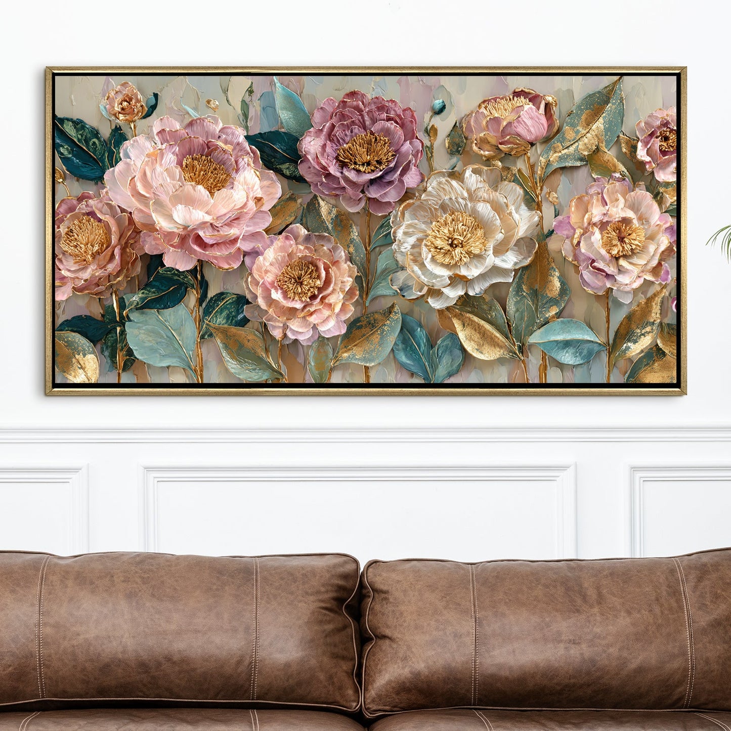 Pastel Bloom Elegance ¨C Luxury Floral Wall Art ¨C Golden Floater Frame, HD Canvas Print, Ready to Hang, Size: 2x4 feet (FLBWA79)