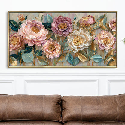 Pastel Bloom Elegance ¨C Luxury Floral Wall Art ¨C Golden Floater Frame, HD Canvas Print, Ready to Hang, Size: 2x4 feet (FLBWA79)