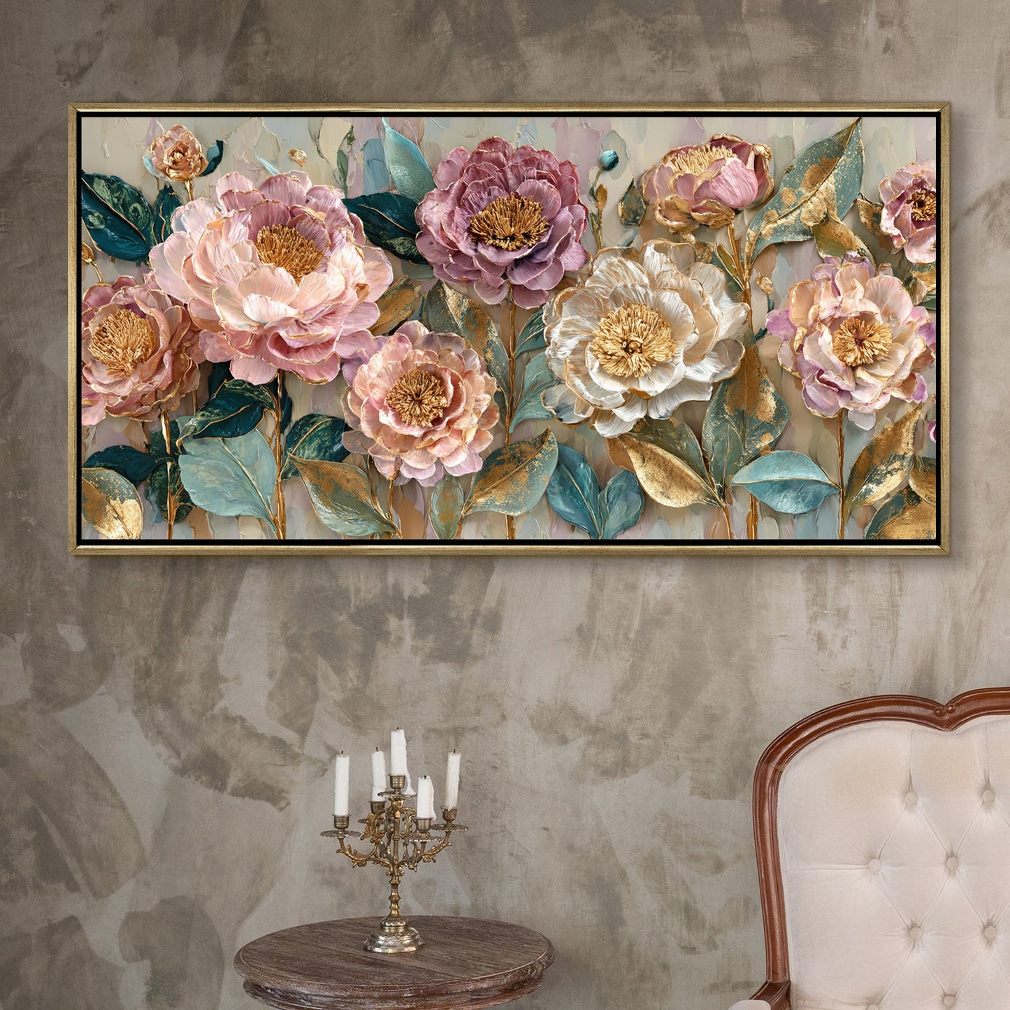 Pastel Bloom Elegance ¨C Luxury Floral Wall Art ¨C Golden Floater Frame, HD Canvas Print, Ready to Hang, Size: 2x4 feet (FLBWA79)