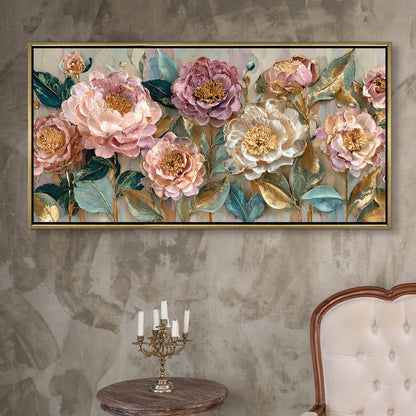 Pastel Bloom Elegance ¨C Luxury Floral Wall Art ¨C Golden Floater Frame, HD Canvas Print, Ready to Hang, Size: 2x4 feet (FLBWA79)