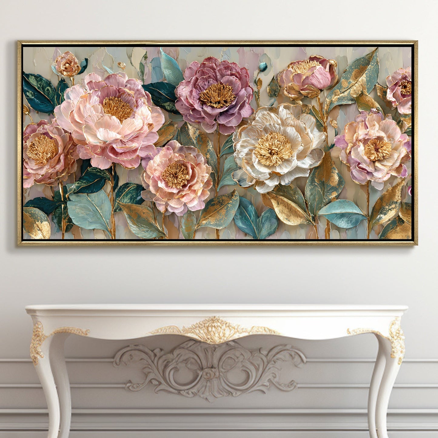 Pastel Bloom Elegance ¨C Luxury Floral Wall Art ¨C Golden Floater Frame, HD Canvas Print, Ready to Hang, Size: 2x4 feet (FLBWA79)