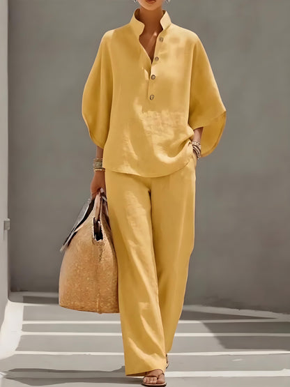 Women’s Batwing Sleeve Linen Cotton Two-Piece Set – Casual Shirt & Wide Leg Pants Outfit