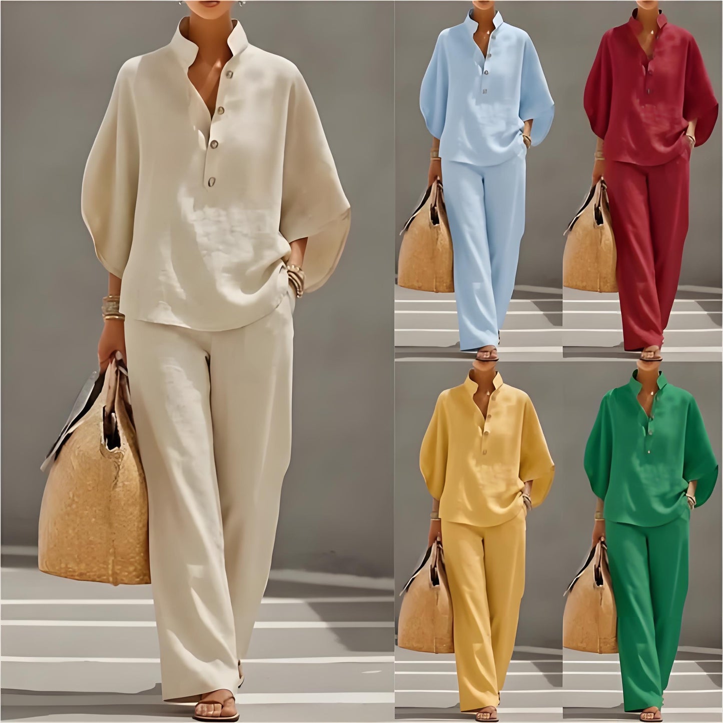 Women’s Batwing Sleeve Linen Cotton Two-Piece Set – Casual Shirt & Wide Leg Pants Outfit