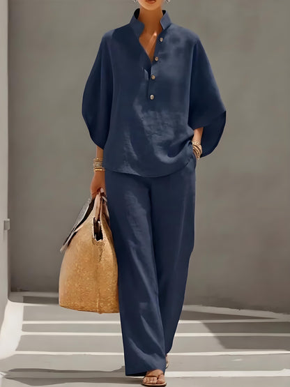 Women’s Batwing Sleeve Linen Cotton Two-Piece Set – Casual Shirt & Wide Leg Pants Outfit