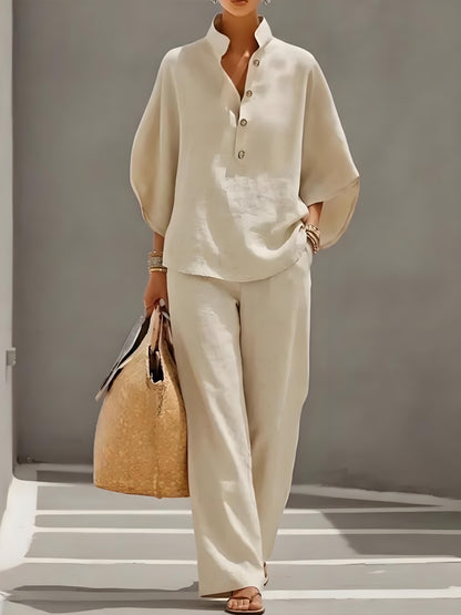 Women’s Batwing Sleeve Linen Cotton Two-Piece Set – Casual Shirt & Wide Leg Pants Outfit
