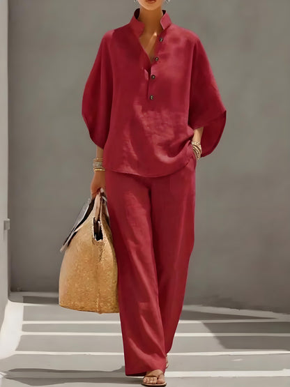 Women’s Batwing Sleeve Linen Cotton Two-Piece Set – Casual Shirt & Wide Leg Pants Outfit