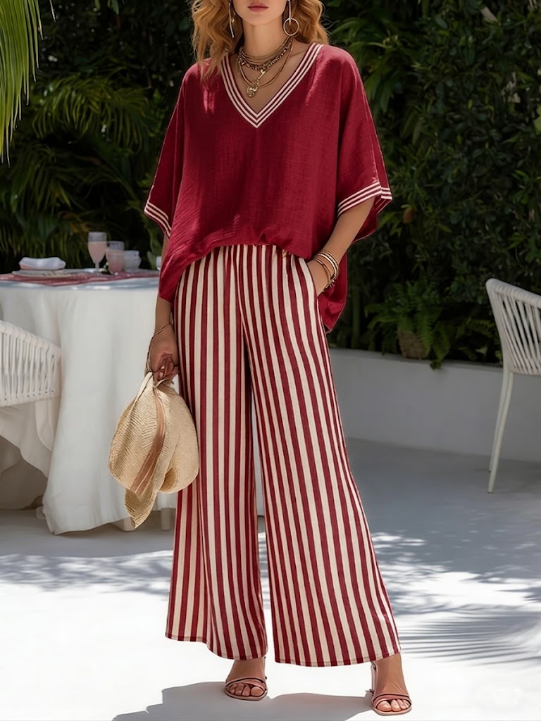 💝💝Casual Two-piece Set: Striped Linen & Cotton Patchwork Top And Striped Trousers— Look Put Together in 5 Seconds